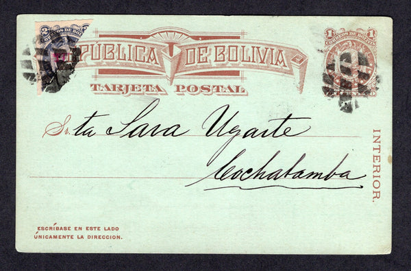 BOLIVIA - 1893 - PROVISIONAL ISSUE & BISECT: 1c brown on light green 'Eleven Stars' postal stationery card (H&G 1) datelined 'Oruro 1-27-93' on reverse used with added diagonally BISECTED 1893 2c slate violet 'Postal Fiscal' issue with 'TIMBRE' overprint in red (SG F64) tied by dumb 'Cork' cancel in black. Addressed to COCHABAMBA. Full commercial message on reverse. A rare bisect.  (BOL/40379)
