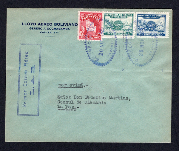 BOLIVIA - 1929 - FIRST FLIGHT: Headed 'Lloyd Aereo Bolivano' envelope franked with 1928 15c carmine & 1928 15c green and 20c blue 'L.A.B.' AIR issue (SG 223 & 217/218) tied by oval CORREO AEREO COCHABAMBA 'Sawtooth' cancels in purple dated 20 NOV 1929. Flown on the Cochabamba - La Paz first flight with boxed 'Primer Correo Aereo L.A.B.' first flight cachet in purple on front. Addressed to the German Consul in LA PAZ with arrival cds on reverse. (Muller #Unlisted)  (BOL/40768)