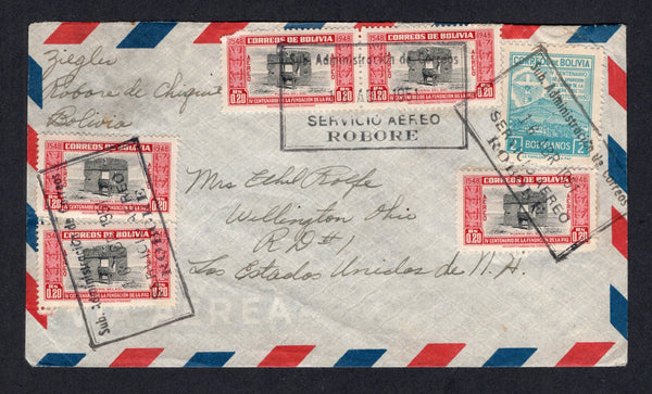 BOLIVIA - 1951 - CANCELLATION: Airmail cover franked with 1950 2b turquoise blue and 5 x 1951 20c black & carmine (SG 497 & 521) tied by three fine strikes of boxed SUB ADMINISTRACION DE CORREOS SERVICIO AEREO ROBORE cancel in black dated 16 ABR 1951. Addressed to USA with feint LA PAZ transit cds on reverse.  (BOL/41165)
