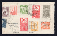 BOLIVIA - 1942 - DESTINATION: Censored cover franked with 1938 2c brown red, 10c vermilion, 15c green and 30c yellow POSTAGE issue plus 2 c 20c carmine and 30c grey AIR issue and 1939 75c blue slate plus 1941 10c brown purple (SG 328/331, 337/338, 357 & 376) all tied by COCHABAMBA cds's dated 26 FEB 1942. Addressed to VICTORIA, AUSTRALIA and censored in transit with printed black on white British 'OPENED BY EXAMINER 320' censor strip at right. Blurred arrival mark on reverse  (BOL/41167)