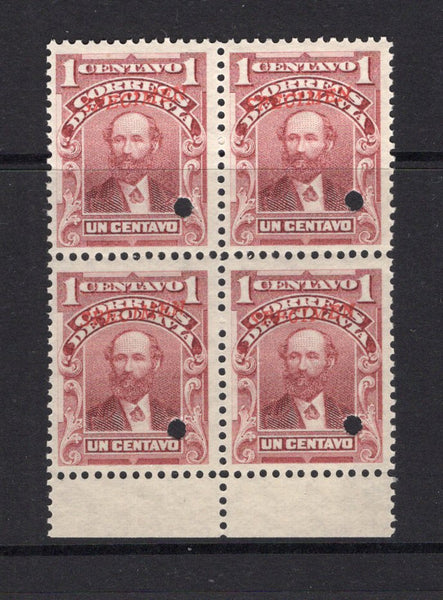 BOLIVIA - 1901 - SPECIMEN: 1c claret 'Portrait' issue, a fine bottom marginal block of four each stamp with 'SPECIMEN' overprint in red and small hole punch. Ex ABNCo. archive. (SG 100)  (BOL/41269)