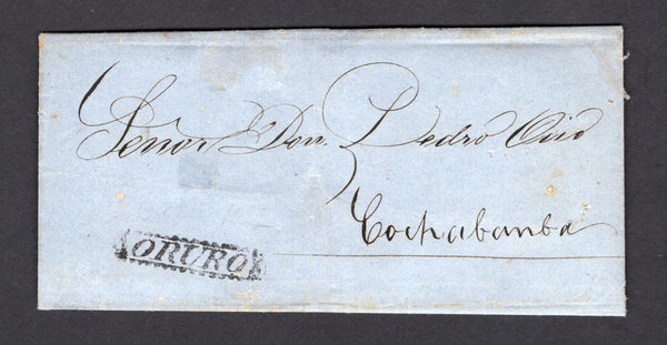 BOLIVIA - 1864 - PRESTAMP: Folded letter from ORURO to COCHABAMBA with fine strike of fancy straight line framed ORURO marking in black. Very Fine. Ex Ortiz-Patino.  (BOL/694)