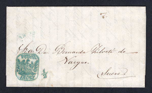 BOLIVIA - 1860 - PRESTAMP: Folded letter from POTOSI to SUCRE with superb strike of boxed POTOSI FRANCA 'Condor' cachet in blue green with small handstruck '½' rate marking alongside also in blue green. Excellent quality. Ex Ortiz-Patino.  (BOL/697)