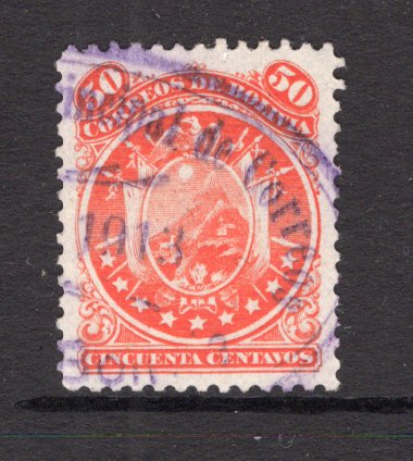 BOLIVIA - 1890 - NINE STARS ISSUE: 50c red 'Nine Stars' ARMS issue second printing from 1908, a fine used copy with oval cancel dated 1913. Late use. (SG 55)  (BOL/7484)