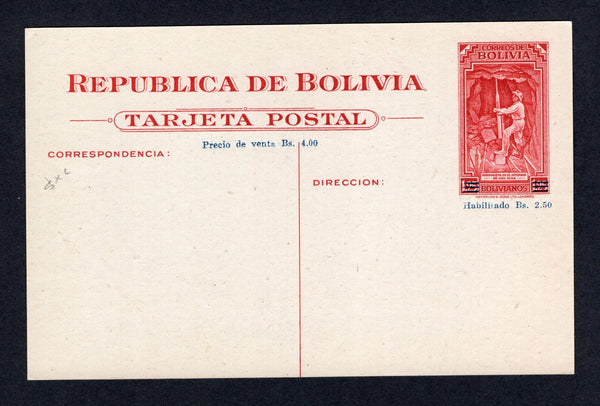 BOLIVIA - 1945 - POSTAL STATIONERY: 2.50 Bs on 1.25 Bs carmine on cream postal stationery viewcard (H&G 10) with view of 'POTOSI - Aguas termales de Miraflores Altura 3600 mts s el nivel del mar' fine unused.  (BOL/8029)