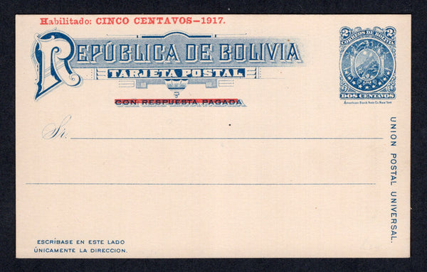 BOLIVIA - 1917 - POSTAL STATIONERY: 5c on 2c blue postal stationery card with 'Habilitado CINCO CENTAVOS - 1917' overprint in red (H&G 8). A fine unused example.  (BOL/8068)