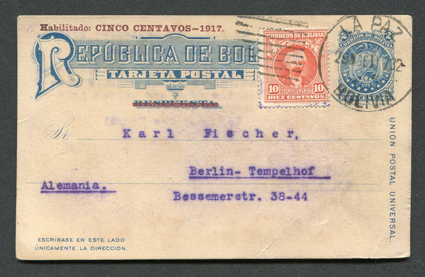BOLIVIA - 1932 - POSTAL STATIONERY: 5c on 2c blue postal stationery card with 'Habilitado CINCO CENTAVOS - 1917' overprint in red on  reply half (H&G 8b) used with added 1930 10c vermilion (SG 255) tied by large LA PAZ cds. Addressed to GERMANY with 'DEUTSCHES KONSULAT IN LA PAZ 'Eagle' cachet on reverse. Scarce card used.  (BOL/8069)