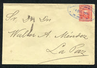 BOLIVIA - 1904 - CANCELLATION: 5c red on pale yellow postal stationery envelope (H&G B7) used with fine strike of oval SUBADMINISTRACION DE CORREOS DE INQUISIVI cancel in blue. Addressed to LA PAZ with arrival cds on reverse. Rare origination.  (BOL/8079)