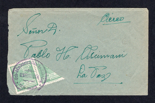BOLIVIA - 1946 - CANCELLATION & BISECT: Cover franked with pair 1945 90c green one BISECTED diagonally (SG 435) and tied by superb strike of undated SUB-ADMINISTRACION DE CORREOS DE MAGDALENA BENI BOLIVIA cancel in purple. Addressed to LA PAZ with arrival cds on reverse.  (BOL/8092)