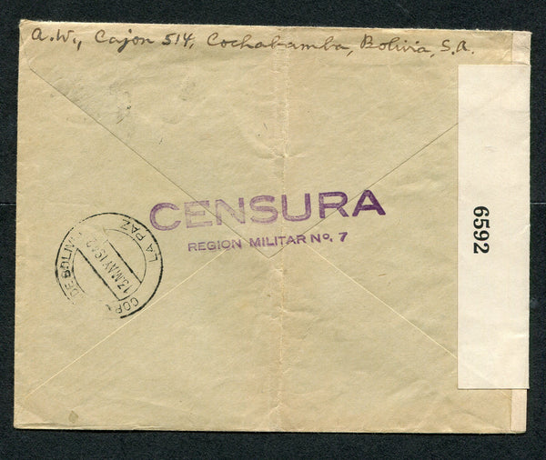 BOLIVIA - 1942 - CENSORED MAIL: Cover franked with single 1941 45c carmine (SG 378) tied by unclear COCHABAMBA cds. Addressed to USA with fine strike of unframed 'CENSURA REGION MILITAR No. 7' cachet in purple on reverse with LA PAZ transit cds. Additional USA censor strip at right.  (BOL/8124)