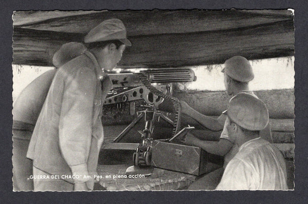 BOLIVIA - 1933 - CHACO WAR: Real photographic black & white PPC of Soldiers manning machine gun in hide inscribed 'GUERRA DEL CHACO Am. Pes. en plena accion' on picture side and 'Editor y Fotografo LUIS BAZOBERRI G. Casilla 11 Cochabamba (Bolivia) Prohibida la reproduccion' on message side. Fine unused & very scarce.  (BOL/9934)