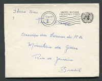 BRAZIL - 1957 - UNITED NATIONS MILITARY FORCE: Stampless cover with manuscript 'Remit Pedro de Souza Matheios - cb 670, Brazilian Battalion c/o UNEF Base Post Office, Capodicheno Outpost, Naples, Italy' return address on reverse with blank UNITED NATIONS EMERGENCY FORCE roller cancel dated DEC 17 1957 (showing no indication of location). Addressed to BRAZIL. This cover was from a soldier in the Brazilian expeditionary force which was part of the UNEF in the 1956-1967 Egypt - Israeli war. Uncommon.
