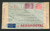 BRAZIL - 1933 - REVOLUTION & CENSORED MAIL: Airmail cover franked with 1920-1940 200rs rose 'Industry' definitive and 1929 500rs purple AIR issue (SG 313 & 472) tied by CORREIO AEREO RIO DE JANEIRO cds's with blue CONSULAT GENERAL DE GRECE cachet on front & reverse. Addressed internally to RIO GRANDE with plain white censor strips with large 'CENSURADA' handstamps in purple at both ends of the cover.  (BRA/18326)