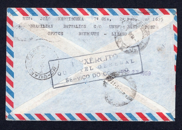 BRAZIL - 1961 - UNITED NATIONS MILITARY FORCE: Stampless airmail cover with manuscript 'Jao Kertischka, 7o Cia, 2o Pelo no. 1625, Brazilian Battalion c/o UNEF Base Post Beyrouth - Libano' return address on reverse with blank UNITED NATIONS EMERGENCY FORCE roller cancel dated APR 2 1958 (showing no indication of location) and boxed 'I EXERCITO QUARTEL GENERAL SERVICIO DE CORREIO' cachet in black on reverse. Addressed to BRAZIL with various arrival cds's. This cover was from a soldier in the Brazilian expedi