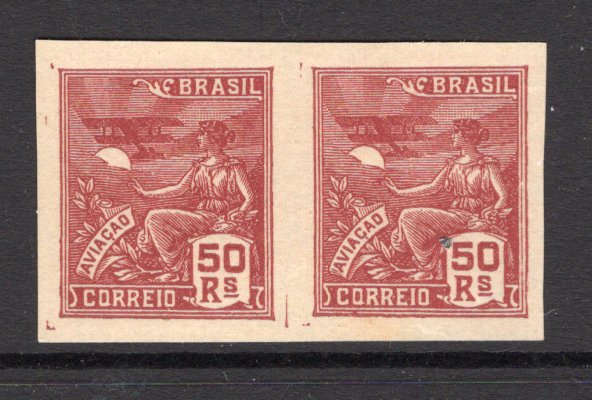 BRAZIL - 1920 - INDUSTRY DEFINITIVES & PROOF: 50rs claret 'Industry' definitive issue, a fine IMPERF PROOF PAIR on unwatermarked paper. Uncommon. (As SG 324)  (BRA/24657)