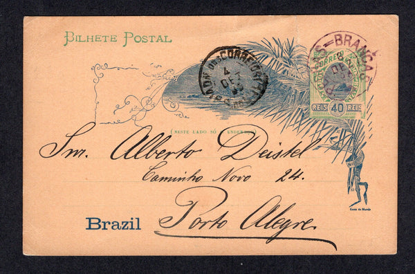 BRAZIL - 1896 - CANCELLATION: 40rs blue & green on brownish yellow 'Sugarloaf' postal stationery card (H&G 22) used with fine strike of PEDRAS-BRANCAS cds in purple. Addressed to PORTO ALEGRE with R.G. DO SUL transit cds on front. Card has repaired tear at top.  (BRA/24743)