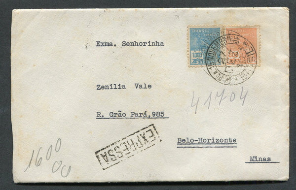 BRAZIL - 1940 - TRAVELLING POST OFFICES: Cover franked with 1920 600rs yellow orange and 1000rs turquoise blue 'Industry' definitive issue (SG 422/423) tied by PCA 15 NOVEMBRO DF cds with boxed 'EXPRESSA' marking alongside. Addressed to BELO HORIZONTE with good strike of MINAS AMB. 5A T travelling post office cds on reverse.  (BRA/26536)