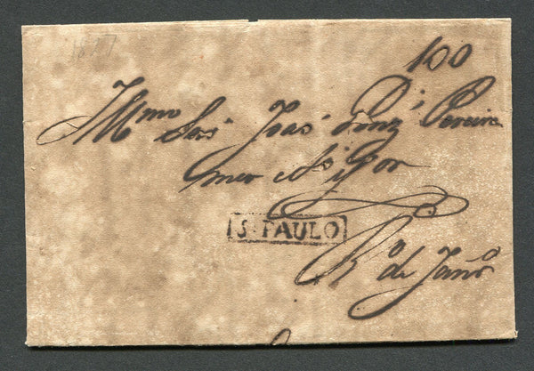 BRAZIL - 1827 - PRESTAMP MAIL: Folded letter from SAO PAULO to RIO DE JANEIRO with fine strike of small boxed 'S.PAULO' marking in black. Rated 100rs in manuscript. Cover has the usual overall toning. Scarce.  (BRA/26540)