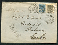 BRAZIL - 1929 - CANCELLATION, DESTINATION & REGISTRATION: Registered cover franked with 1920 300rs olive grey and 400rs blue 'Industry' definitive issue (SG 358/359) tied by multiple strikes of RIO VERMELHO (BAHIA) cds with handstruck registration marking alongside. Addressed to CUBA with transit & arrival marks on reverse.  (BRA/26555)