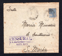BRAZIL - 1933 - CIVIL WAR & CENSORSHIP: Cover franked with single 1920 400rs ultramarine 'Industry' issue (SG 395) tied by blurred PASSO FUNDO cds. Addressed to SANTA MARIA with superb strike of boxed 'CENSURADA D.R. DOS CORREIOS E TELEGRAFOS SANTA MARIA' censor cachet in purple on front. Cover has a few tone spots.  (BRA/26588)