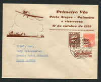 BRAZIL - 1933 - PRIVATE AIRMAIL COMPANIES - VARIG - FIRST FLIGHT: Illustrated 'Varig Primeiro Voo Porto Alegre - Palmeira e vice-versa 17 Octubre de 1933' First Flight cover franked with 1933 200rs on 300rs rose red 'Industry' definitive, 1933 100rs brown TAX issue and 1933 350rs brown VARIG issue (Sanabria #V33) tied by PALMEIRA VARIG cds. Unaddressed with PORTO ALEGRE arrival cds on reverse. (Muller #195a)  (BRA/26591)