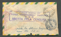 BRAZIL - 1944 - MILITARY MAIL - BRAZILIAN FORCES IN WW2: Stampless cover with 'Feu Adkemar Mesquita 303 F.E.B.' return address on reverse sent by a member of the WW2 Brazilian Expeditionary Force stationed in Italy with large ESTACAO POSTAL F.E.B. No.4 cds dated 19 JAN 1945 on front and CORREIO REGULADOR No.1 F.E.B. cds on reverse. Censored with superb strike of large boxed 'SERVICIO POSTAL DA FORCA EXPEDICIONARIA BRASILIERA F.E.B ABERTA PELA CENSURA' censor mark in purple on reverse. Addressed to BRAZIL.