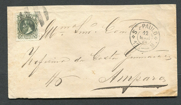 BRAZIL - 1884 - SMALL DOM PEDROS: Cover franked with single 1882 100rs myrtle green small 'Dom Pedro' issue, type 2 (SG 74b) tied by dumb 'Cork' cancel with S. PAULO cds alongside dated 12 MAR 1884. Addressed to AMPARO.  (BRA/27199)