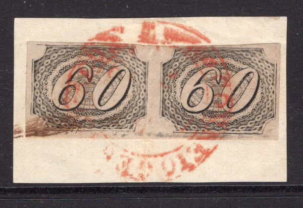 BRAZIL - 1845 - MULTIPLE: 60rs black on yellowish paper 'Inclinado' issue, a fine four margin pair tied on piece by CORREIO GERAL DA CORTE cds cancel in red. (SG 12A)  (BRA/28073)