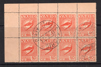 BRAZIL - 1934 - PRIVATE AIRMAIL COMPANIES - VARIG: 50rs red on rose 'Icarus' issue FORGERY, a fine 'used' corner marginal block of eight with fake VARIG cds's. (As Sanabria #V37)  (BRA/28086)