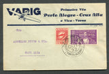 BRAZIL - 1932 - PRIVATE AIRMAIL COMPANIES - VARIG - FIRST FLIGHT: Printed 'VARIG Primiero Voo Porto Alegre - Cruz Alta e Vice - Versa' airplane envelope franked with 1929 200r reddish violet national issue & Varig 1931 350r red (SG 515 & Sanabria #V17) tied by PORTO ALEGRE cds dated 20 OCT 1932. Addressed to CRUZ ALTA with arrival cds on reverse. (Muller #185)  (BRA/28113)