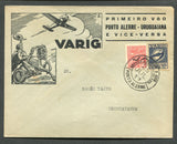 BRAZIL - 1932 - PRIVATE AIRMAIL COMPANIES - VARIG - FIRST FLIGHT: Printed 'VARIG Primer Voo Porto Alegre - Uruguaiana' horseman & airplane envelope franked with 1932 200r rose red national issue & Varig 1932 500r blue on straw (SG 313 & Sanabria #V34) tied by PORTO ALEGRE cds dated 25 JUL 1932. Addressed to URUGUAYANA with arrival cds in purple on reverse. (Muller #174, rated 1000pts)  (BRA/28116)