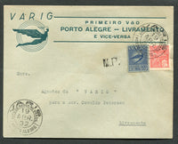 BRAZIL - 1932 - PRIVATE AIRMAIL COMPANIES - VARIG - FIRST FLIGHT: Printed 'VARIG Primiero Voo Porto Alegre - Livramento e Vice - Versa' envelope franked with 1929 200r rose red 'Industry' issue & Varig 1932 500r ultramarine on blue (SG 313 & Sanabria #V29) tied by PORTO ALEGRE cds dated 19 APR 1932. Addressed to LIVRAMENTO with arrival cds on reverse. (Muller #166)  (BRA/28120)