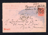 BRAZIL - 1892 - TRAVELLING POST OFFICES & CANCELLATION: 80rs red & ultramarine on pale lilac 'Liberty' postal stationery lettercard (H&G A19, outer perforations removed) used with 'Sabara 20 Marzo 1892' manuscript cancel and fine strike of SABARA C.AMBULANTE travelling post office cds dated 20 MAR 1892. Addressed to RIO DE JANEIRO with arrival cds on reverse. A scarce TPO.  (BRA/28130)