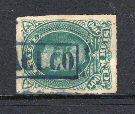 BRAZIL - 1878 - CANCELLATION: 100rs green 'Dom Pedro' issue fine used with good part strike of MACUCO boxed lozenge cancel in blue. (SG 61)  (BRA/2838)