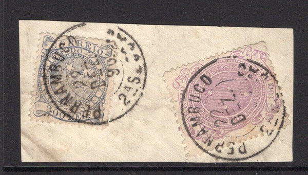 BRAZIL - 1884 - NUMERAL ISSUE: 300rs dull blue perforated 'Numeral' issue and 1890 100rs pale mauve 'Southern Cross' issue tied on small piece by PERNAMBUCO cds's dated 22 DEZ 1890. Fine. (SG 84 & 110c)  (BRA/2851)