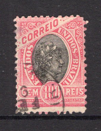 BRAZIL - 1894 - LIBERTY HEAD ISSUE: 100rs black & rose 'Liberty Head' issue on thin hard toned paper, perf 11-11½ with variety 'Centre of the 500rs', a fine cds used copy. (SG 127c)  (BRA/2862)