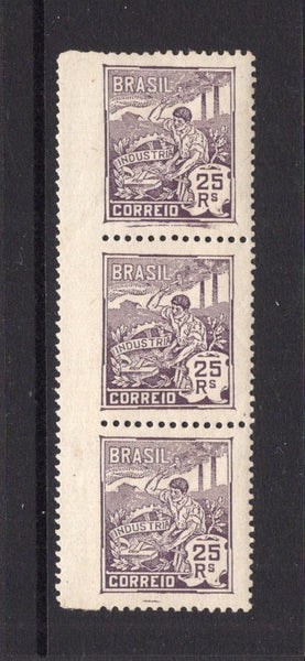 BRAZIL - 1920 - INDUSTRY DEFINITIVES: 25rs purple 'Industry' issue NO watermark a fine mint side marginal vertical strip of three with variety IMPERF BETWEEN STAMP & MARGIN. (SG 304)  (BRA/2901)