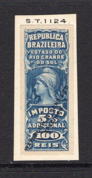 BRAZIL - 1910 - REVENUE PROOF: 100rs blue 'Rio Grande do Sul' Imposto REVENUE issue a fine IMPERF WATERLOW COLOUR TRIAL mounted on small piece of a sample book with 'Waterlow & Sons Ltd SPECIMEN' overprint in black & 'S.T.1124 sample reference number at top.  (BRA/2911)