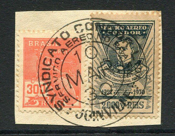 BRAZIL - 1930 - PRIVATE AIRMAIL COMPANIES - CONDOR: Small piece with 1920 300rs rose red 'Industry' issue and 1930 2000rs blue 'Dr Victor Kondor' commemorative CONDOR issue both tied by fine SYNDICATO CONDOR JOINVILLE cds dated 10 MAR 1930. Scarce. (SG 333 & RHM #K-11)  (BRA/29154)