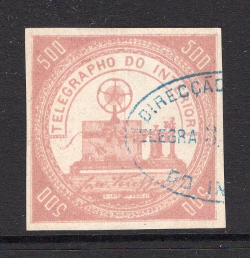 BRAZIL - 1869 - TELEGRAPH ISSUE: 500rs carmine rose square 'Telegraph' issue without control handstamp on reverse, a fine used copy with part oval cancel in blue, four clear margins. (RHM #T5, Barefoot #7)  (BRA/29158)