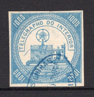 BRAZIL - 1869 - TELEGRAPH ISSUE: 1000rs blue square 'Telegraph' issue without control handstamp on reverse, a fine used copy with part oval cancel in blue, four clear margins. (RHM #T6, Barefoot #8)  (BRA/29159)