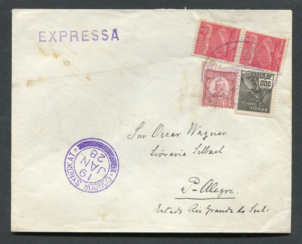 BRAZIL - 1928 - PRIVATE AIRMAIL COMPANIES - CONDOR: Cover with 'EXPRESSA' handstamp franked with 1920 300rs olive grey, 1925 1000rs claret and pair 1927 1000rs carmine CONDOR issue all tied by large oval CORREIO AEREO RIO DE JANEIRO cancel in purple dated JAN 21 1928. Flown by CONDOR in the transition period of ownership with fine strike of the rare CONDOR SYNDIKAT cds dated 19 JAN 1928 in bright purple on front. Addressed to PORTO ALEGRE with arrival cds on reverse. Possibly a survey flight of some sort.
