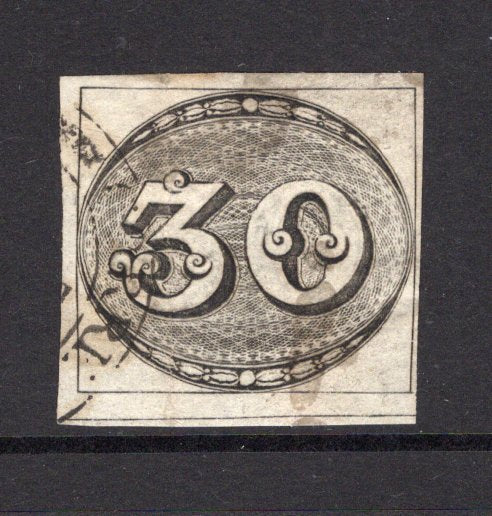BRAZIL - 1843 - BULLSEYES: 30rs grey black on greyish paper 'Worn Impression', a good cds used copy with four good to large margins. Light vertical crease and two light stain spots. (SG 4)  (BRA/29840)