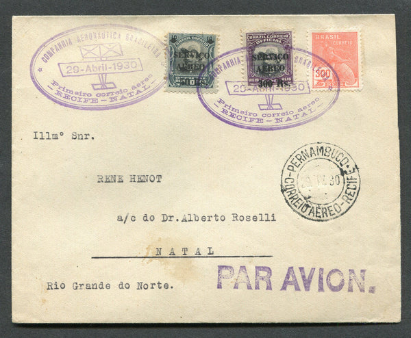 BRAZIL - 1930 - FIRST FLIGHT: Cover franked with 1920 300rs rose red and 1927 50rs on 10rs black & slate and 300rs on 600rs black & reddish violet 'AIR' surcharge issue (SG 333, 441 & 446) all tied by oval COMPANHIA AEREONAUTICA BRASILEIRA PRIMEIRO CORREIO AEREO RECIFE - NATAL' airplane cancel in purple dated 29 ABRIL 1930 with PERNAMBUCO RECIFE cds alongside. Sent on the Recife - Natal flight with arrival cds on reverse. Scarce, only 300 covers were flown. (Muller #67, rated 1500pts)