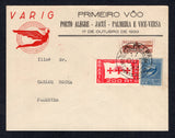 BRAZIL - 1933 - PRIVATE AIRMAIL COMPANIES - VARIG - FIRST FLIGHT: Illustrated VARIG 'Primeiro Voo Porto Alegre - Jacui - Palmeira e vice-versa 17 Octubre de 1933' cover franked with 1933 200rs scarlet, 1933 100rs brown TAX issue and VARIG 1933 500rs ultramarine on bluish (SG 537, 539 & Sanabria #V29) tied by PORTO ALEGRE cds dated 17 OCT 1933. Flown on the PORTO ALEGRE - JACUI - PALMEIRA first flight with 'GAUCHOI-AUXILIA A VARIG QUE FOI FUNDADA PARA TE SERVIR' Airplane cachet on reverse along with arrival