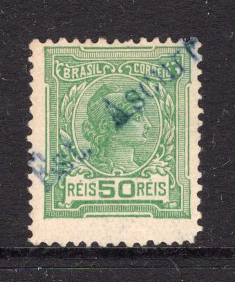 BRAZIL - 1918 - CANCELLATION: 50rs dull green used with good strike of straight line EST. ASCURRA in blue. A scarce marking. (SG 291B)  (BRA/31446)