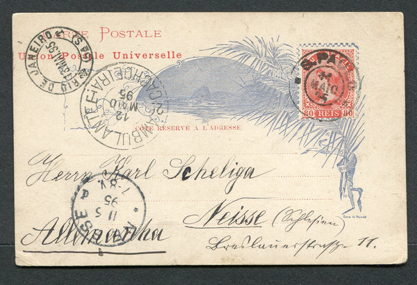 BRAZIL - 1895 - TRAVELLING POST OFFICES: 80rs dull red on off white postal stationery card (H&G 18) used with S. PAULO cds dated 11 MAY 1895. Addressed to GERMANY with fine strike of large AMBULANTE CACHOEIRA 2 T cds, RIO DE JANEIRO transit cds and German arrival cds all on front.  (BRA/31498)