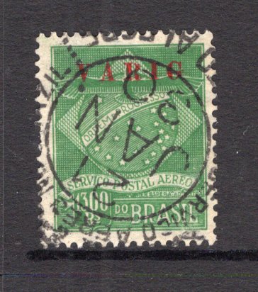 BRAZIL - 1927 - PRIVATE AIRMAIL COMPANIES - VARIG: 1300rs green 'Condor' issue with 'VARIG' overprint in carmine a fine used copy with part PORTO ALEGRE VARIG cds dated 21 JAN 1930. (Sanabria #V2)  (BRA/31899)