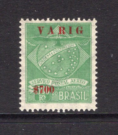 BRAZIL - 1927 - PRIVATE AIRMAIL COMPANIES - VARIG: 700rs on 1300rs green 'Condor' issue with 'VARIG' overprint in carmine a fine mint copy. (Sanabria #V1)  (BRA/31900)
