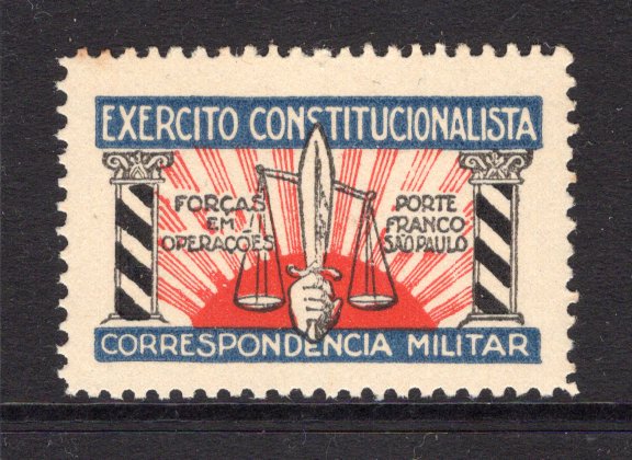 BRAZIL - 1932 - REVOLUTION & CINDERELLA: Blue, black & red 'EXERCITO CONSTITUTIONALISTA - CORRESPONDENCIA MILITAR' cinderella label (with columns in black) produced for use as propaganda on letters mailed to and from the troops fighting in the revolution. A fine mint copy.  (BRA/31978)